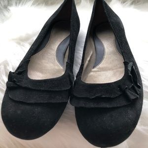 Black suede flats with ruffle